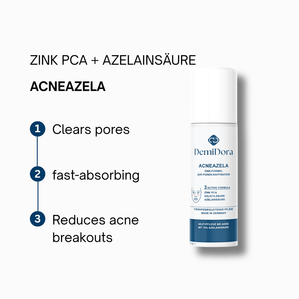 DemiDora Acneazela Produkt-Info-Card mit Flaschen-Mockup und den drei Hauptvorteilen: Clears pores, fast-absorbing, Reduces acne breakouts. Oben stehen die Wirkstoffe Zink PCA und Azelainsäure.