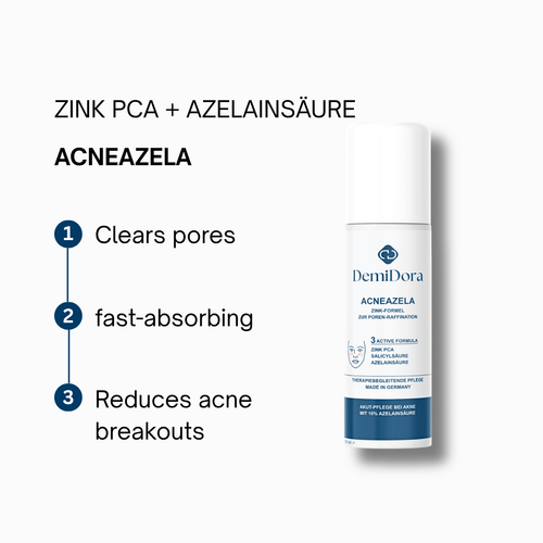 DemiDora Acneazela Produkt-Info-Card mit Flaschen-Mockup und den drei Hauptvorteilen: Clears pores, fast-absorbing, Reduces acne breakouts. Oben stehen die Wirkstoffe Zink PCA und Azelainsäure.