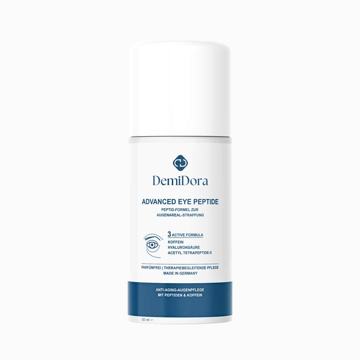DemiDora Advanced Eye Peptide Flasche auf weißem Hintergrund. Die Verpackung zeigt das Logo, die Bezeichnung „Peptid-Formel zur Augenareal-Straffung“, ein Augen-Icon für das „3 Active Formula“-Feld mit Koffein, Hyaluronsäure und Acetyl Tetrapeptide-5 sowie den dunkelblauen Balken „Anti-Aging-Augenpflege mit Peptiden & Koffein“.