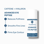 DemiDora Advanced Eye Peptide Produkt-Info-Card mit Flaschen-Mockup und den drei Hauptvorteilen: Reduces Puffiness, Smooths Fine Lines, Firms Eye Contour. Oben stehen die Wirkstoffe Koffein und Hyaluron.