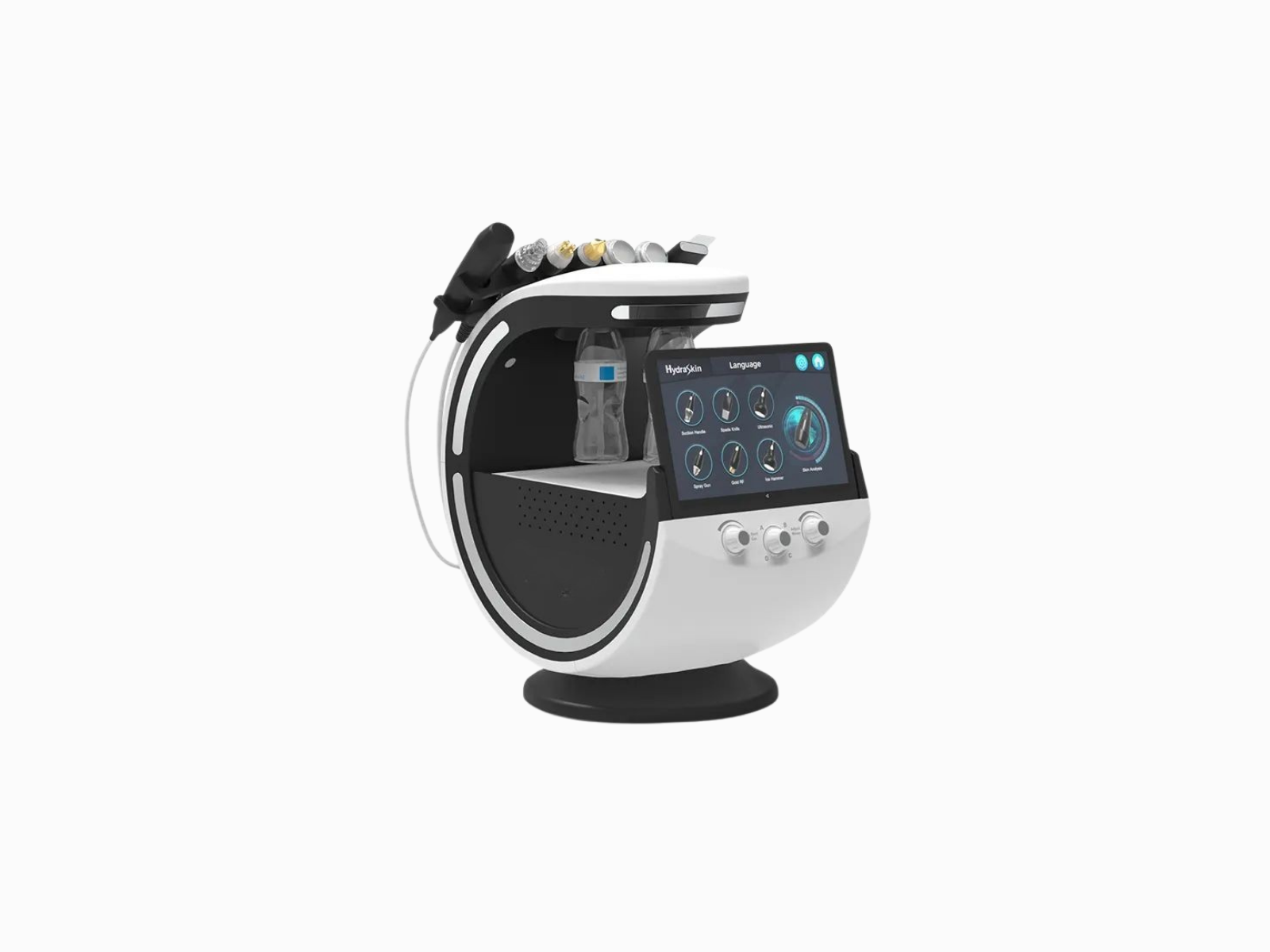 Modernes Hydro-Facial-System mit Touchscreen-Display und verschiedenen Applikator-Aufsätzen, das für professionelle Tiefenreinigung und Hydradermabrasion bei der Hautpflege eingesetzt wird.