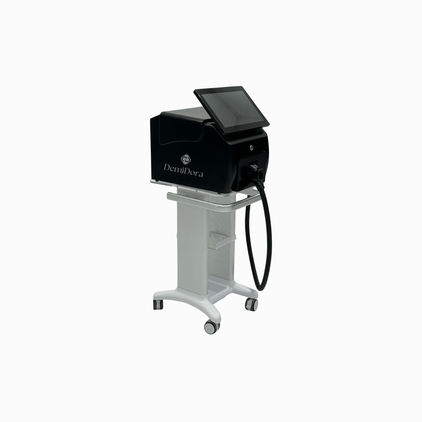 DemiDora Soprano LuminaCore 360 Diodenlaser in der seitlichen Perspektive. Hochwertiges Laser-Haarentfernungssystem für die professionelle Anwendung, das durch kompaktes Design, intuitive Touchscreen-Steuerung und ergonomische Bauweise für den täglichen Studiobetrieb überzeugt.