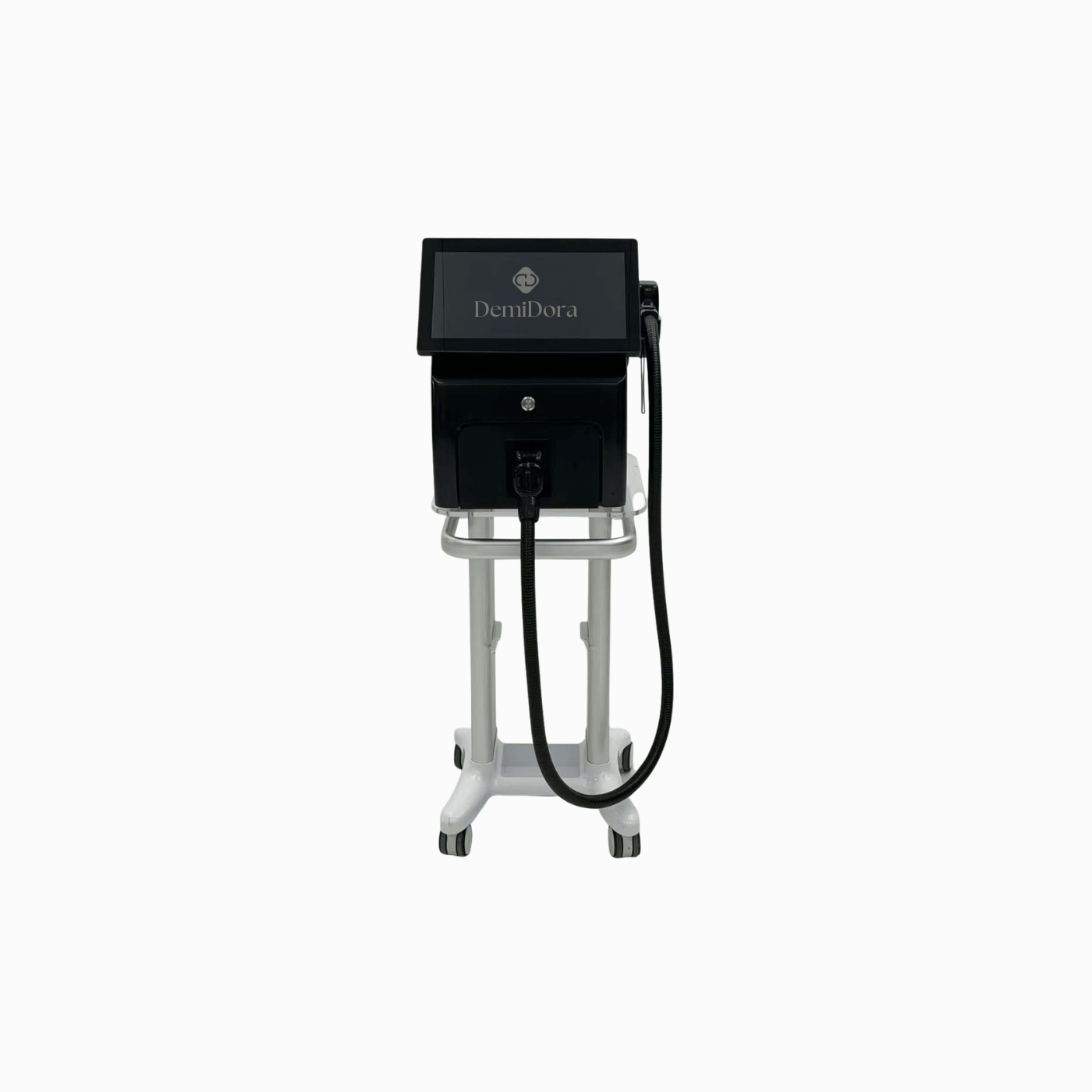 DemiDora Soprano LuminaCore 360 Diodenlaser in der Frontalansicht. Professionelles Haarentfernungsgerät für Kosmetikstudios mit Touchscreen, Handstück-Halterung und mobilem Ständer für effiziente und komfortable Behandlungsabläufe.