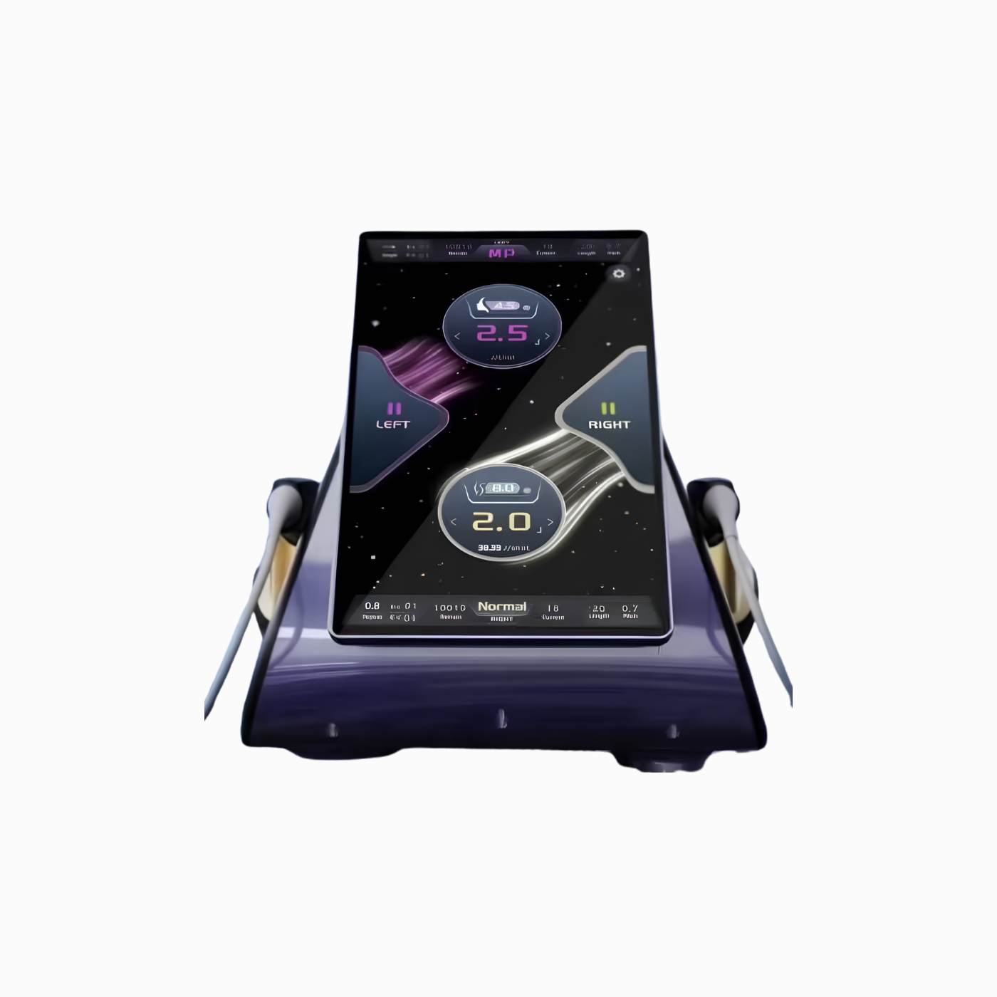 DemiDora 12D Max-Lift High-Tech Pro Gerät mit großem, beleuchtetem Touchscreen-Display und seitlich positionierten Behandlungshandstücken, Ansicht von vorne.