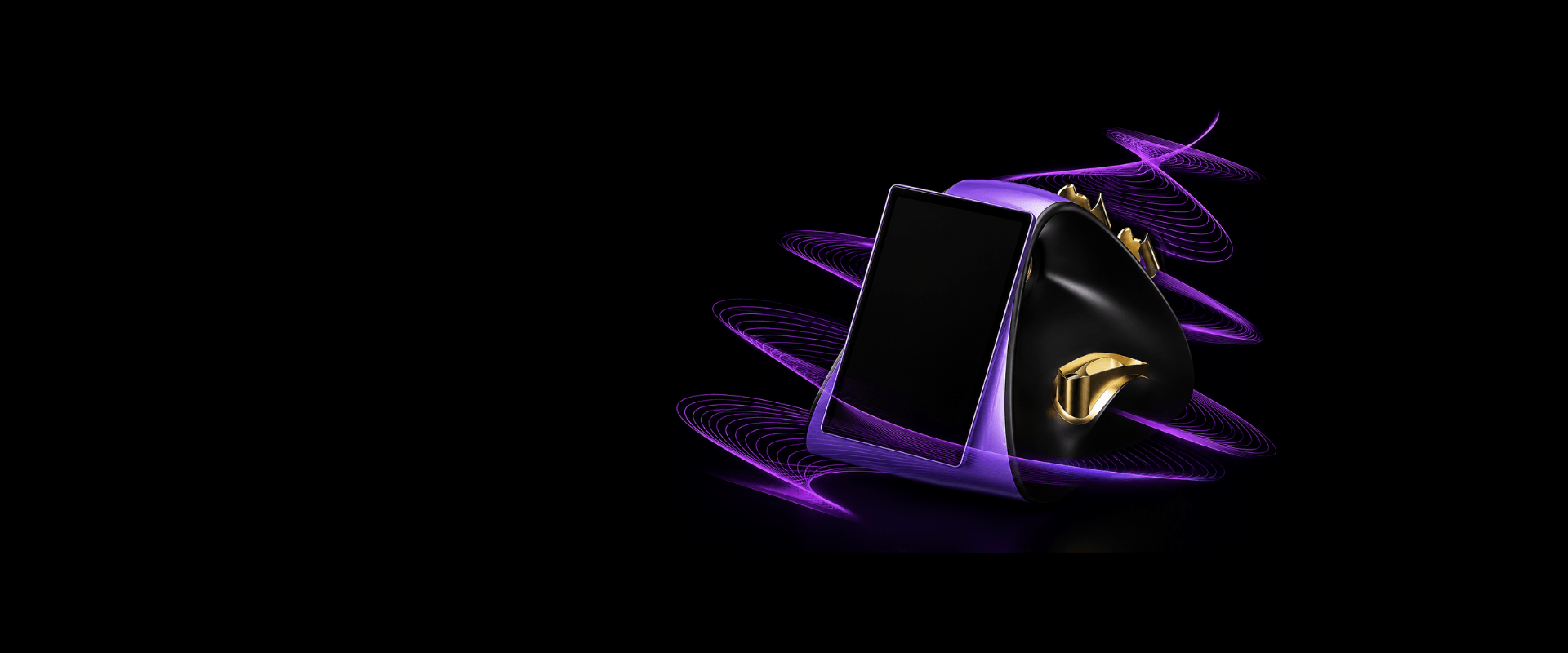 Professionelles 12D Max-Lift High-Tech-Gerät in edler schwarz-violetter Optik mit goldenen Akzenten, präsentiert vor einem abstrakten, violetten Lichtwirbel als Symbol für innovative Lifting-Technologie.