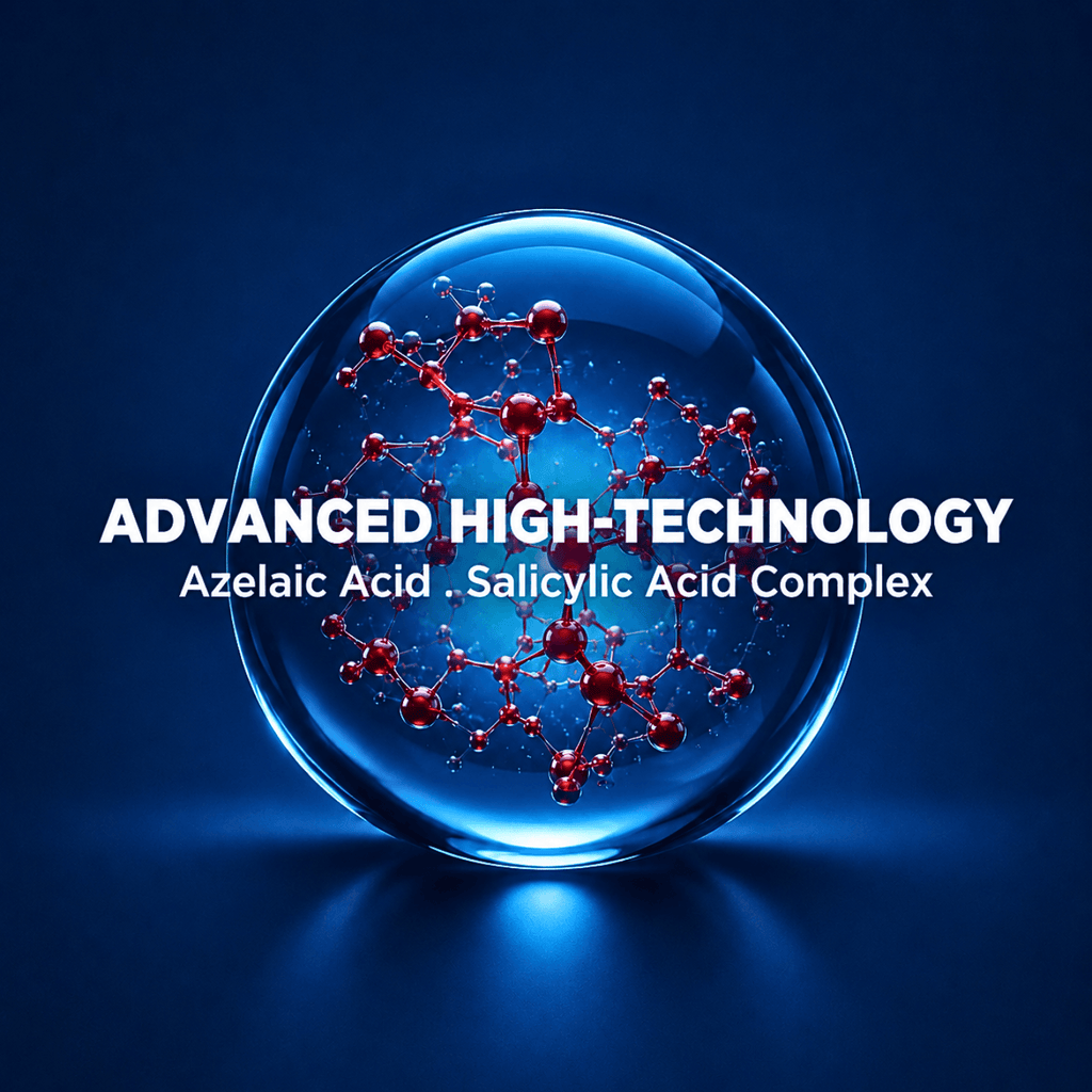 Eine 3D gläserne Kugel mit einer roten Molekülstruktur im Inneren vor dunklem Hintergrund, darüber der Text "Advanced High-Technology Azelaic Acid & Salicylic Acid Complex".