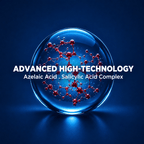 Eine 3D gläserne Kugel mit einer roten Molekülstruktur im Inneren vor dunklem Hintergrund, darüber der Text "Advanced High-Technology Azelaic Acid & Salicylic Acid Complex".