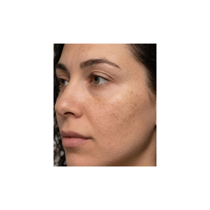 Nahaufnahme einer Gesichtshälfte, aufgenommen als Vorher-Bild vor der Ice Blue Hydro-Facial-Behandlung zur Dokumentation des Ausgangszustands der Haut bei Pigmentierungen und Unreinheiten.