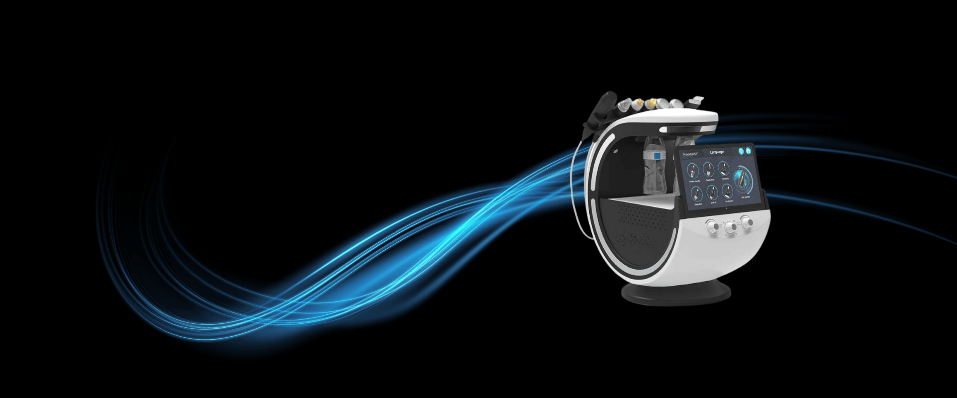 Professionelles Ice Blue Hydro-Facial-System mit Touchscreen-Display und verschiedenen Applikatoren, präsentiert vor einem dynamischen, blauen Lichtschweif als Symbol für moderne Tiefenreinigung und Hydradermabrasion.