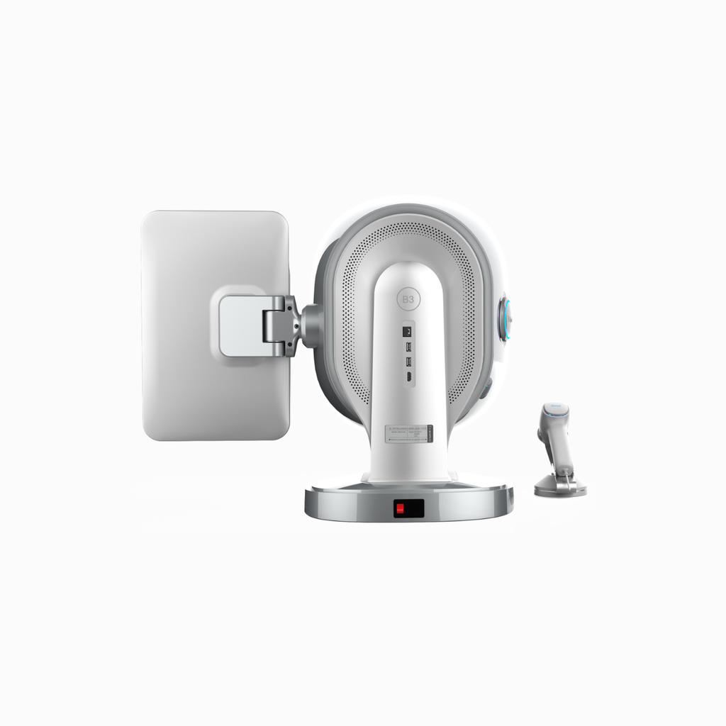 DemiDora Ai-Oracle Vision Pro Hautanalysegerät, Rückansicht mit sichtbaren Anschlüssen, Halterung und daneben platziertem Handstück.