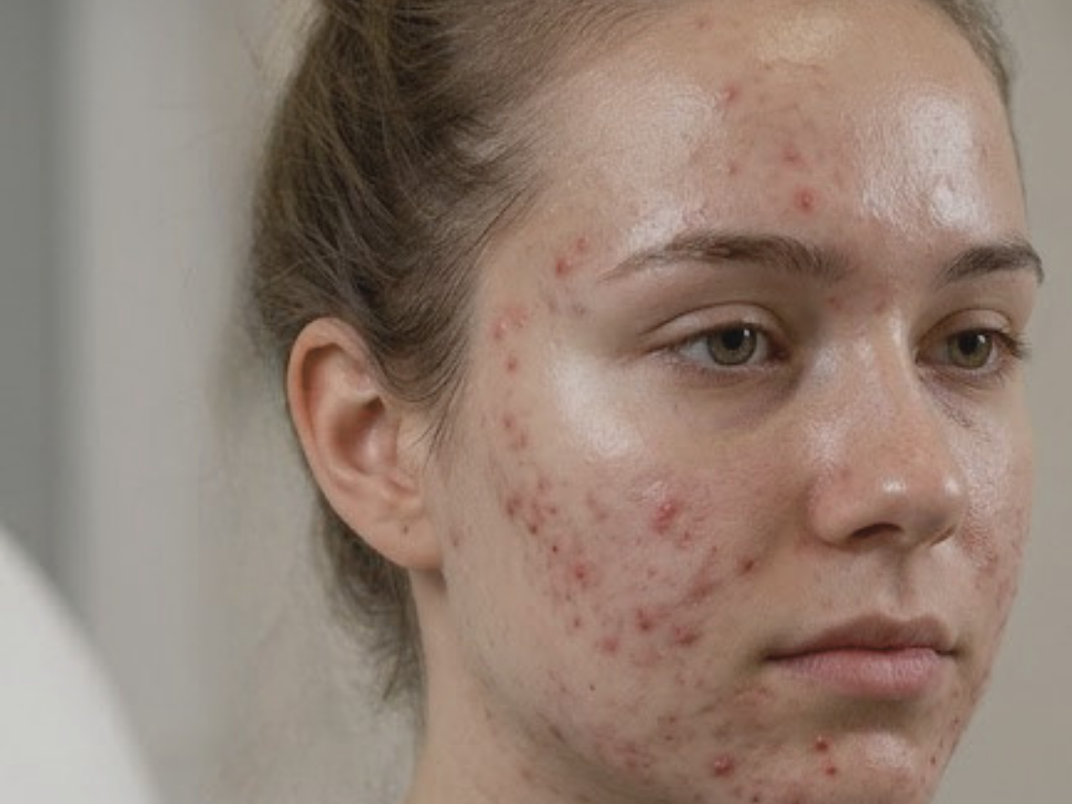 Unretuschierte Nahaufnahme eines Gesichts mit deutlicher, entzündlicher Akne an Wange und Kinn, aufgenommen als Vorher-Bild vor dem Start der DemiDora Akne-Behandlung.