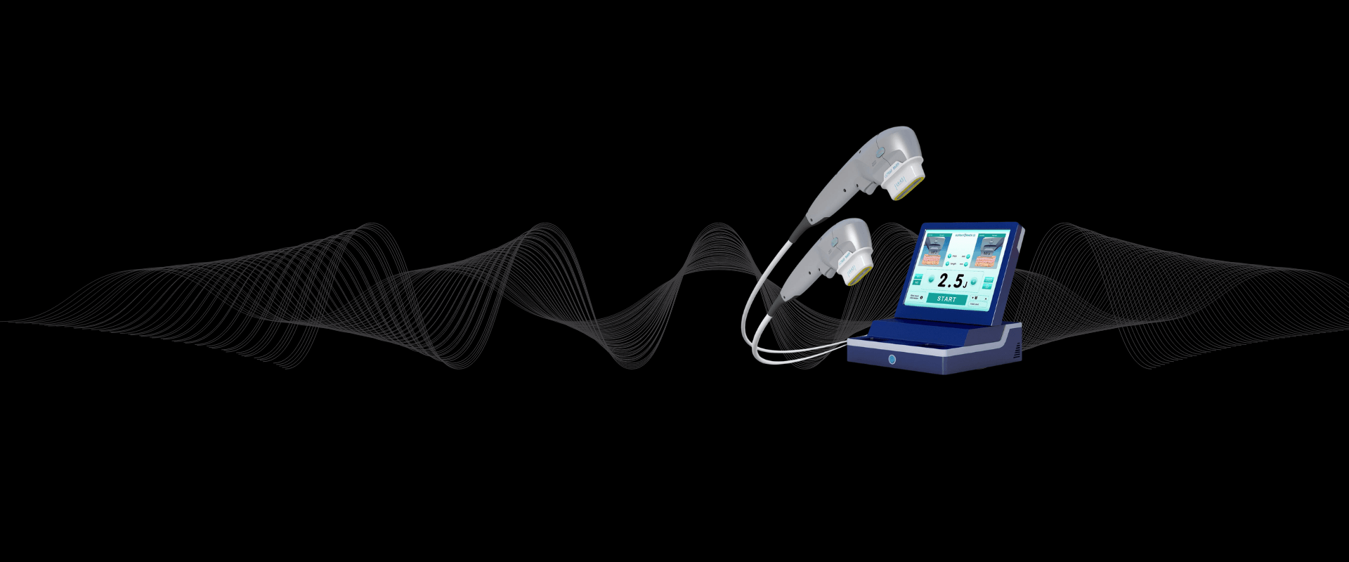 Professionelles 4D-Hautstraffungsgerät mit digitalem Display und zwei Applikatoren, präsentiert vor einem abstrakten, wellenförmigen Hintergrund als Symbol für hochmoderne, präzise dermatologische Lifting-Technologie.