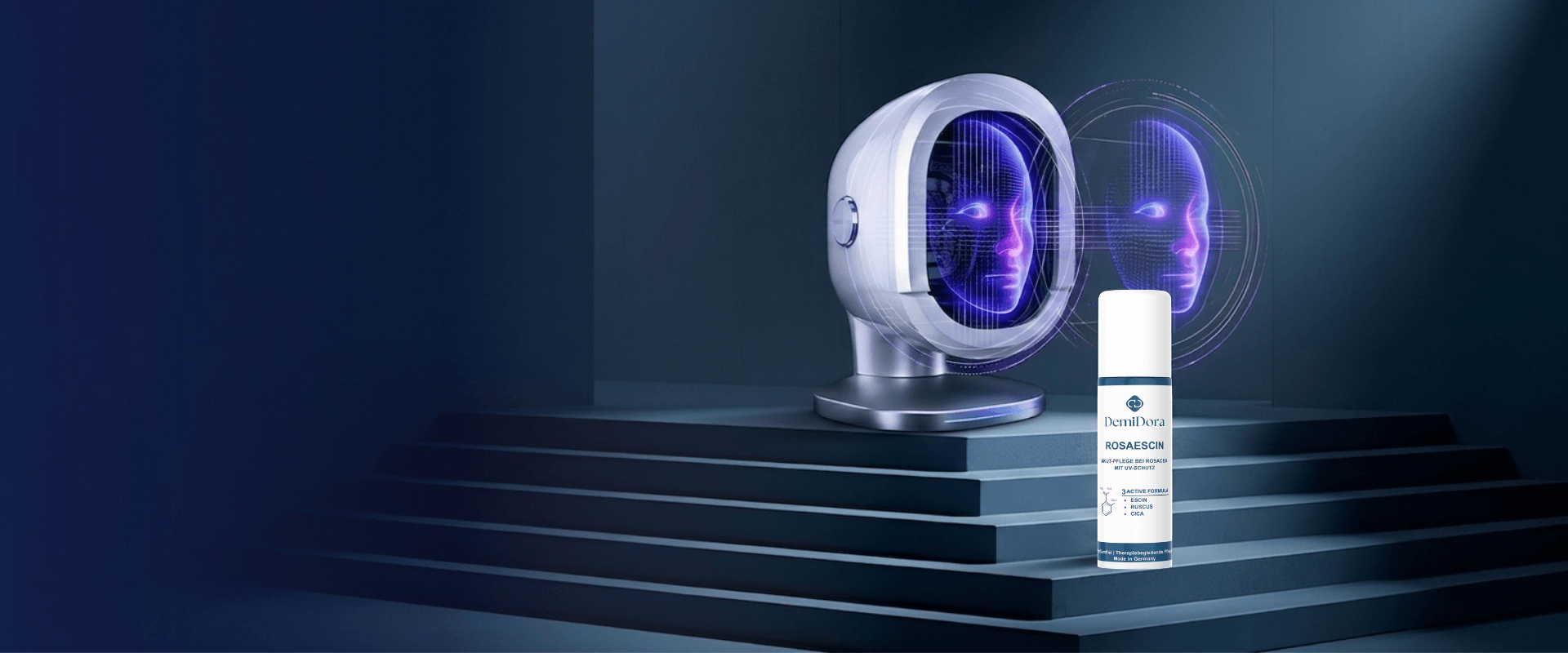 DemiDora Landingpage Hero-Banner: Futuristisches KI-Hautanalysegerät und Rosaescin-Pflegeprodukt auf einer minimalistischen Treppenbühne als Symbol für innovative Dermatologie.