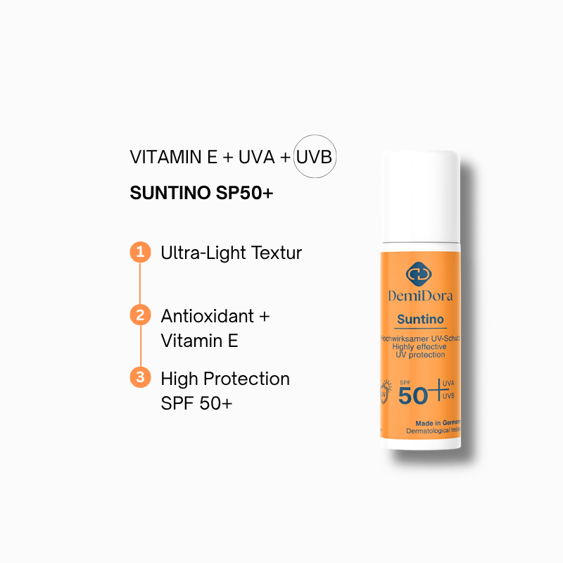 DemiDora SUNTINO SPF 50+ Sonnenschutz-Produktkarte: Hochwertige Sonnencreme mit Vitamin E, UVA- und UVB-Filter sowie ultra-leichter Textur für maximalen Schutz.