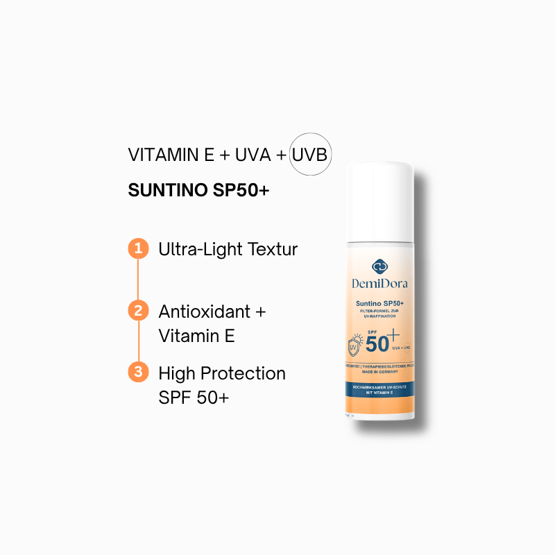 DemiDora SUNTINO SPF 50+ Sonnenschutz-Produktkarte: Hochwertige Sonnencreme mit Vitamin E, UVA- und UVB-Filter sowie ultra-leichter Textur für maximalen Schutz.