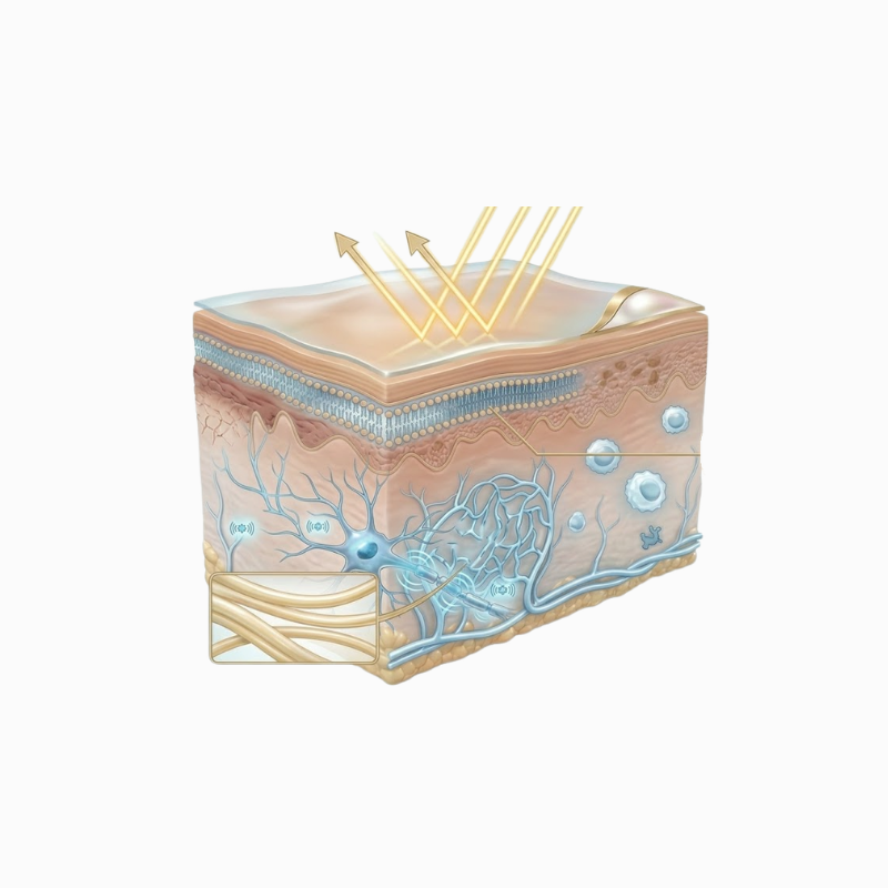 Diese medizinische Illustration stellt eine Darstellung dar, bei der einfallendes Licht von der Hautoberfläche reflektiert wird, während gleichzeitig neuronale Strukturen im Gewebe hervorgehoben werden.