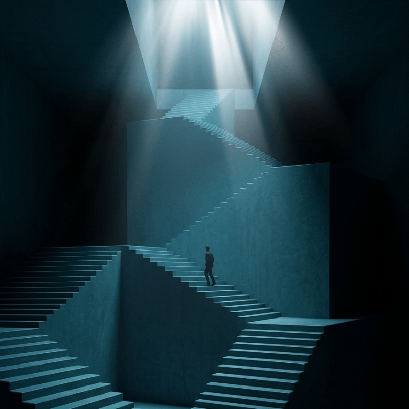 Elegante minimalistische Darstellung einer Person, die eine Treppe in blauem, atmosphärischem Licht erklimmt, symbolisiert Business-Wachstum und Erfolg für die medizinische Hautpflegemarke DemiDora.