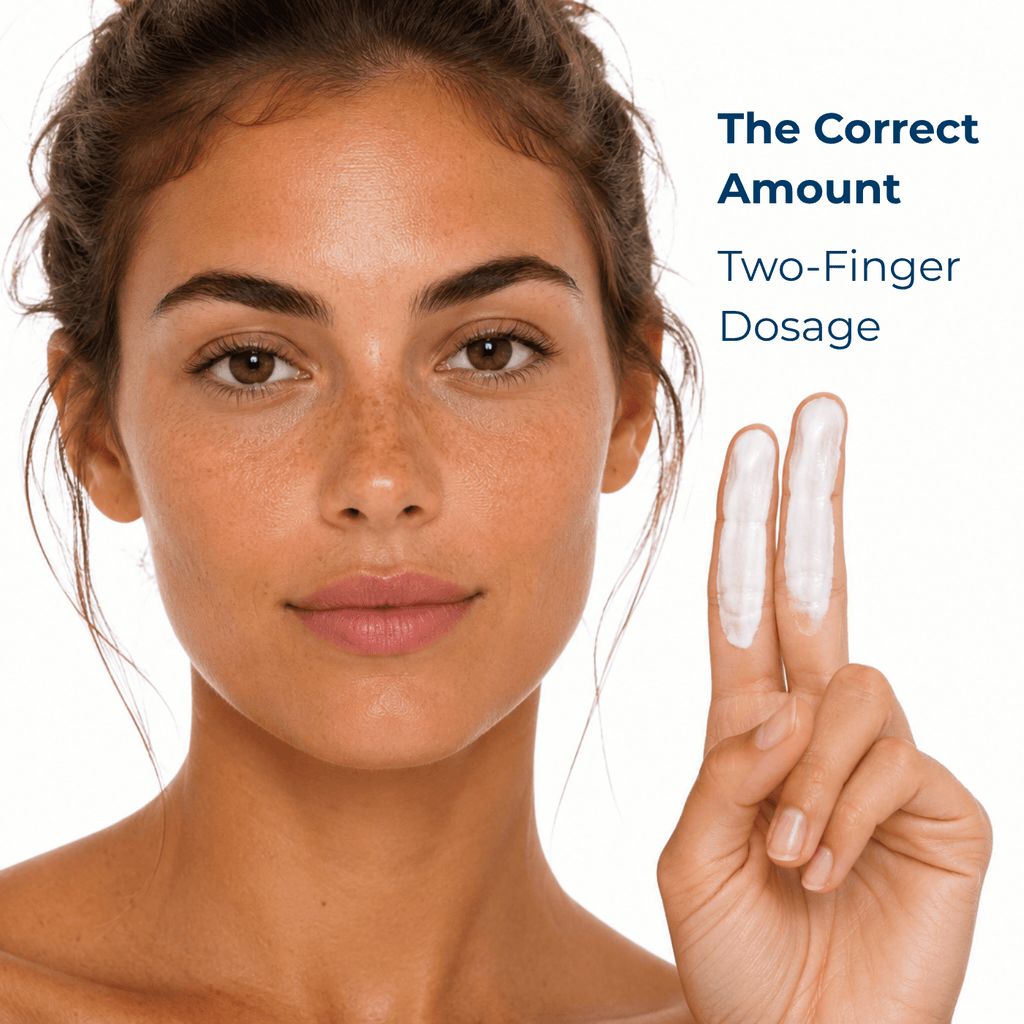 Eine Frau blickt in die Kamera, während eine Hand zwei mit Sonnencreme dosierte Finger ("Two-Finger Dosage") zeigt, rechts daneben steht der Text "The Correct Amount".