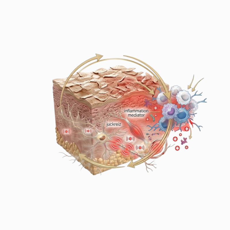 Medizinische Illustration eines Hautquerschnitts, die den Entzündungsprozess bei Neurodermitis mit Interaktionen zwischen Hautschichten (Epidermis und Dermis), Nervenenden und Immunzellen verdeutlicht.