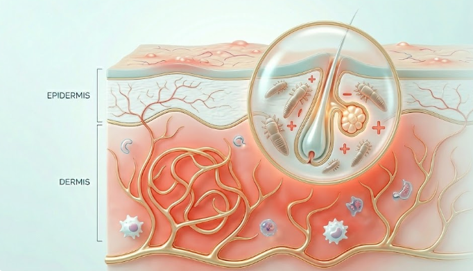 Medizinische Illustration eines Hautquerschnitts (Epidermis und Dermis), die eine Nahaufnahme eines Haarfollikels zeigt, in dem sich Milben und Entzündungsreaktionen befinden, was auf die Ursache von Rosacea hindeutet.