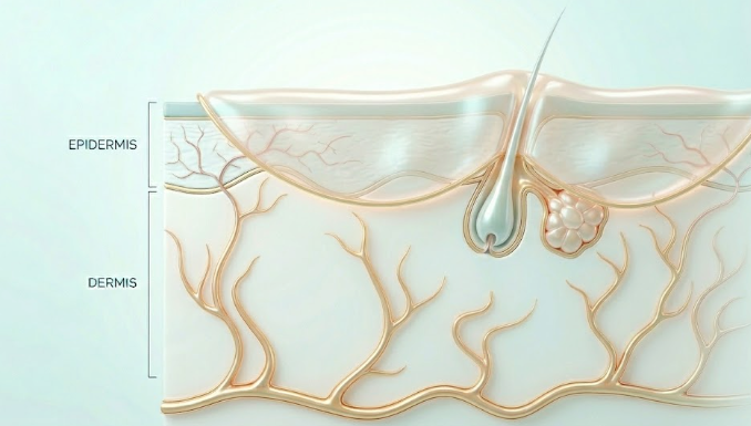 Medizinische Illustration eines Hautquerschnitts, die die normale Struktur von Epidermis und Dermis sowie ein Haarfollikel in einem ruhig wirkenden, goldfarbenen Gewebe zeigt.