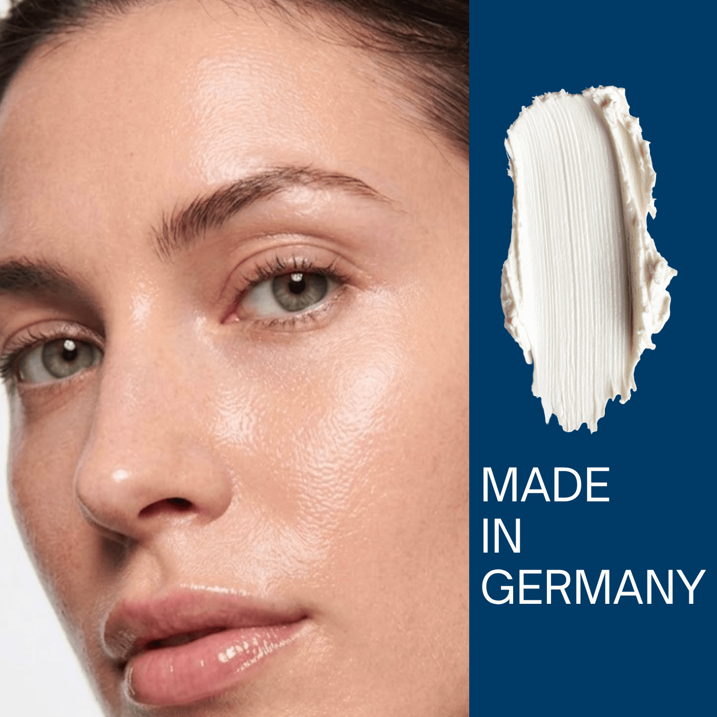DemiDora Hautpflege – Nahaufnahme natürlicher, gesunder Haut mit Textur und Made in Germany Siegel