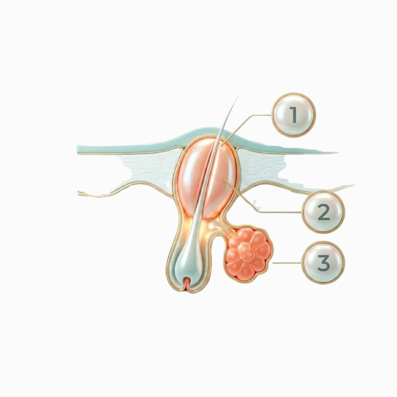 Medizinische Illustration eines Haarfollikels mit Talgdrüse, die mit drei nummerierten Markierungspunkten zur Erläuterung von Akne-Prozessen versehen ist.