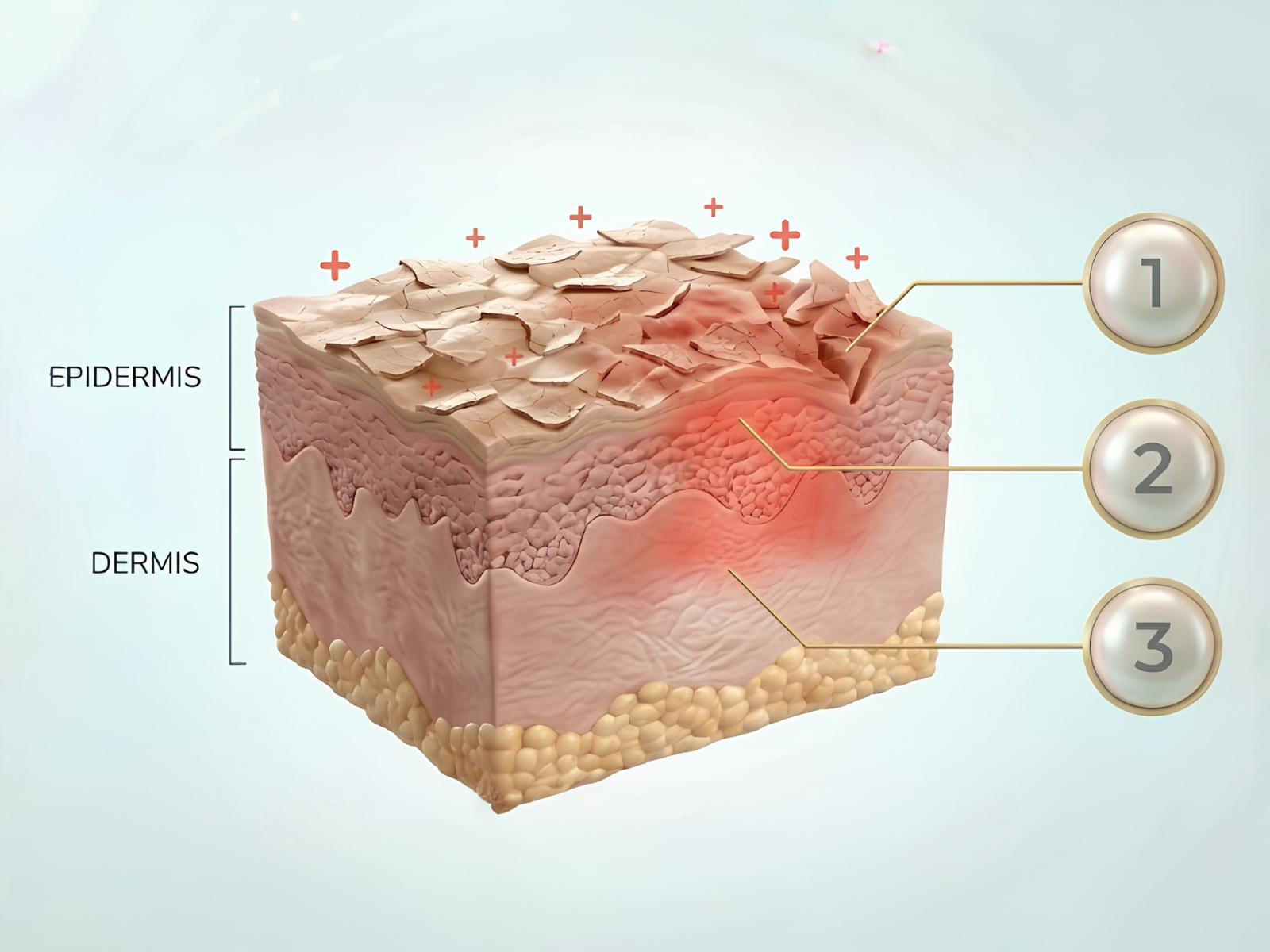 Medizinische Illustration eines Hautquerschnitts (Epidermis und Dermis), die die Symptome von Neurodermitis mit trockener, schuppiger Hautoberfläche und Entzündungsbereichen sowie drei nummerierten Markierungspunkten zur Erläuterung zeigt.