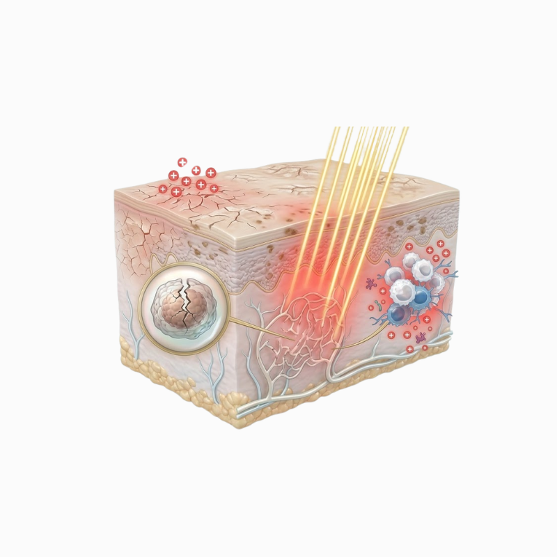 Medizinische Illustration eines Hautquerschnitts (Epidermis und Dermis), die die Auswirkungen von UV-Strahlung und Sonnenbrand zeigt, einschließlich eindringender Lichtstrahlen, Zellschäden und der Reaktion des Immunsystems im Gewebe.