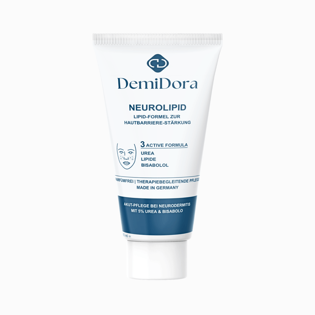 DemiDora Neurolipid Tube auf weißem Hintergrund. Die Verpackung zeigt das Logo, die Bezeichnung „Lipid-Formel zur Hautbarriere-Stärkung“, das „3 Active Formula“-Icon mit den Inhaltsstoffen Urea, Lipide und Bisabolol sowie das Herkunftsmerkmal Made in Germany.