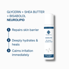 DemiDora Neurolipid Produkt-Info-Card mit Produktbild der Tube und den drei Hauptvorteilen: Repairs skin barrier, Deeply hydrates & heals, Calms irritation immediately. Oben stehen die Wirkstoffe Urea, Lipide und Bisabolol.