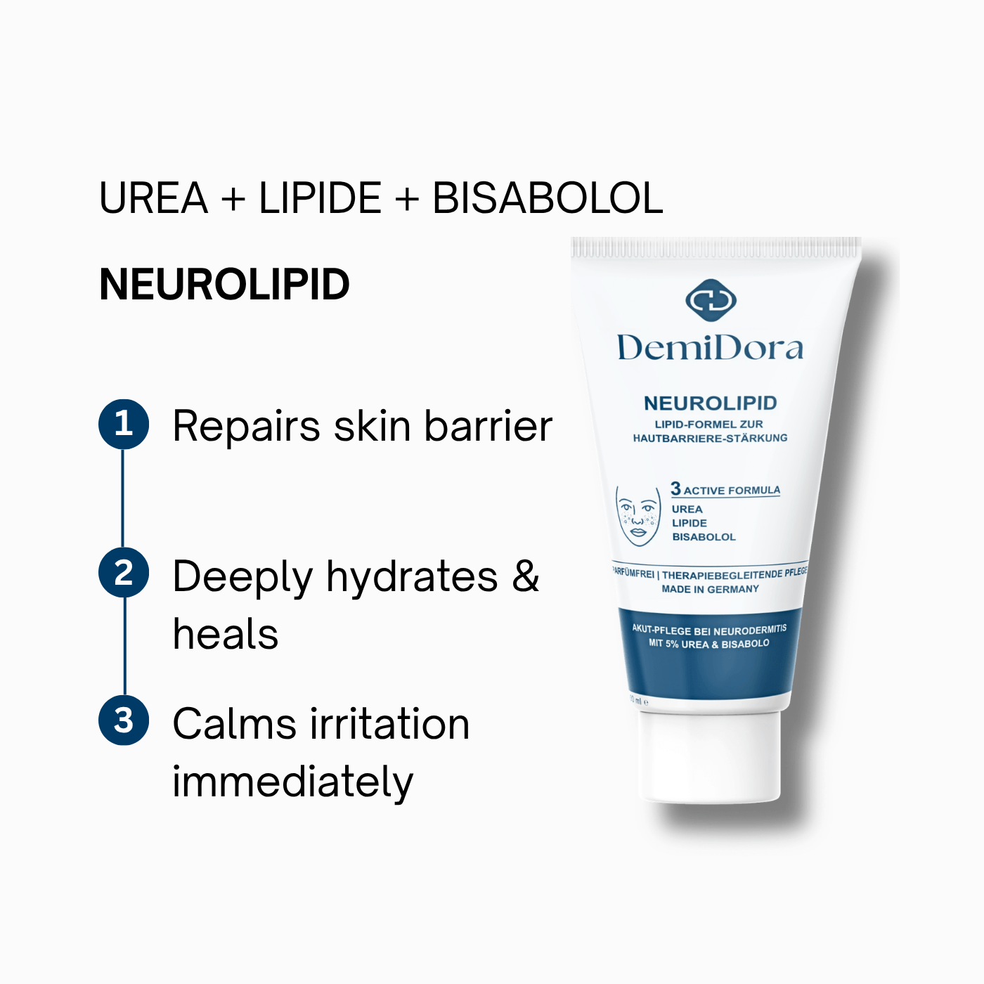 DemiDora Neurolipid Produkt-Info-Card mit Produktbild der Tube und den drei Hauptvorteilen: Repairs skin barrier, Deeply hydrates & heals, Calms irritation immediately. Oben stehen die Wirkstoffe Urea, Lipide und Bisabolol.
