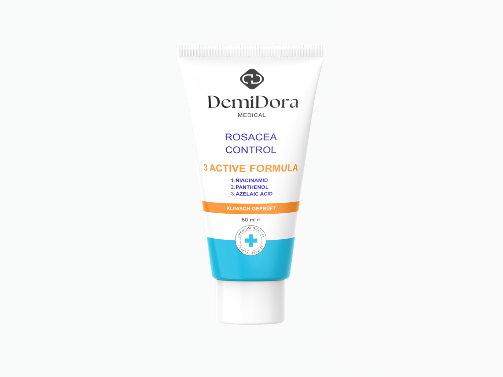 Produktabbildung der DemiDora Rosacea Control Creme (50 ml) mit Angabe der 3 aktiven Inhaltsstoffe: Niacinamid, Panthenol und Azelainsäure.