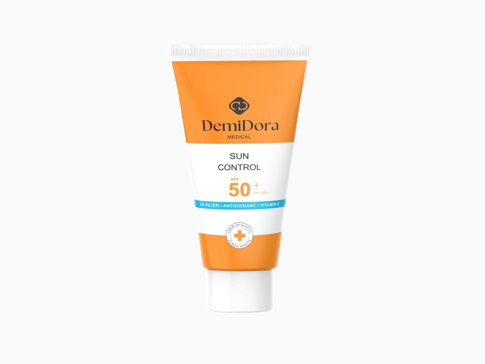 Produktfoto der DemiDora Medical „Sun Control“ Sonnencreme mit LSF 50+, UV-Filter, Antioxidantien und Vitamin E.