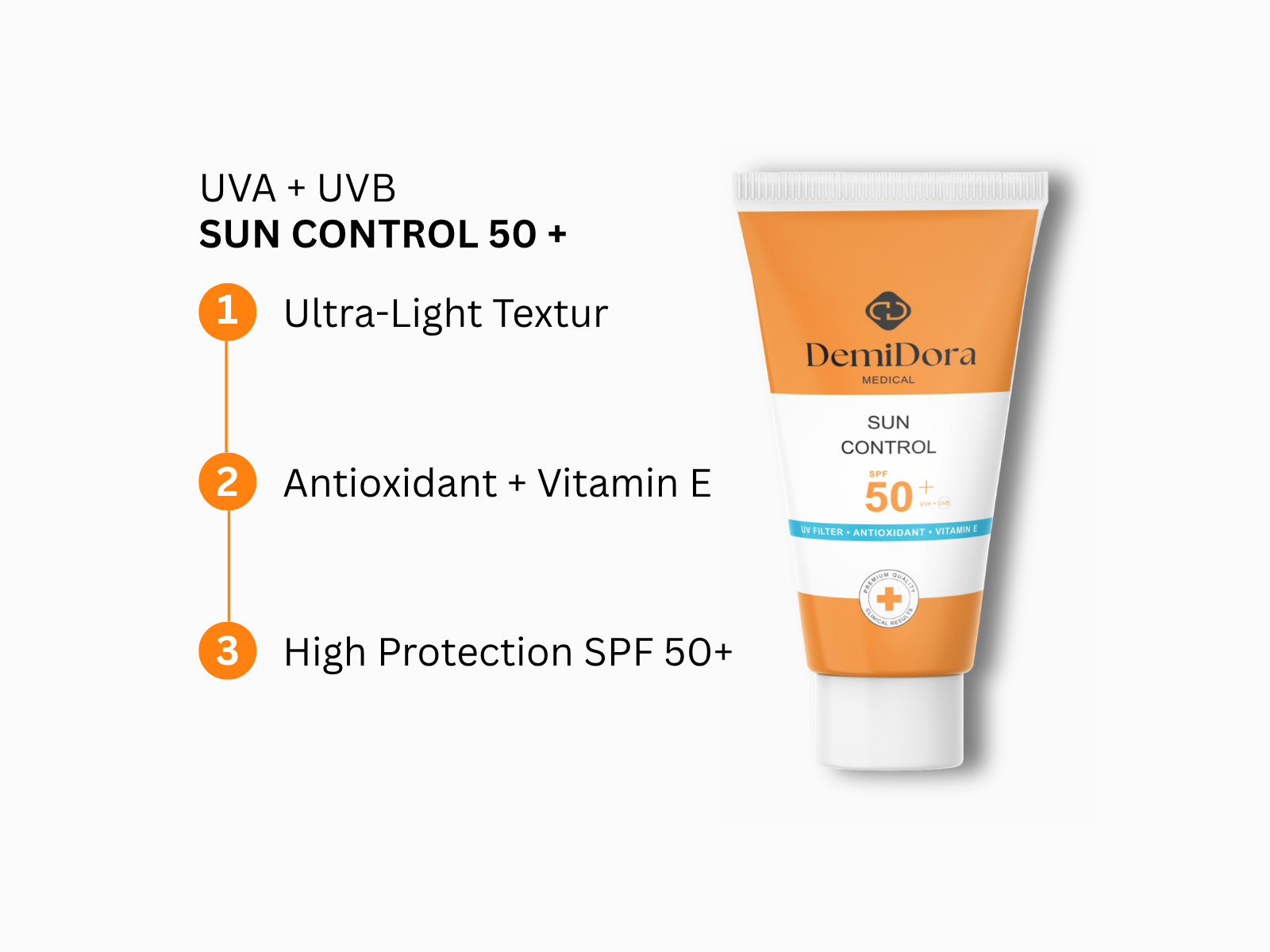 Produktabbildung der DemiDora Sun Control 50+ Creme mit den drei Hauptmerkmalen: 1. Ultra-Light Textur, 2. Antioxidant + Vitamin E, 3. High Protection SPF 50+.