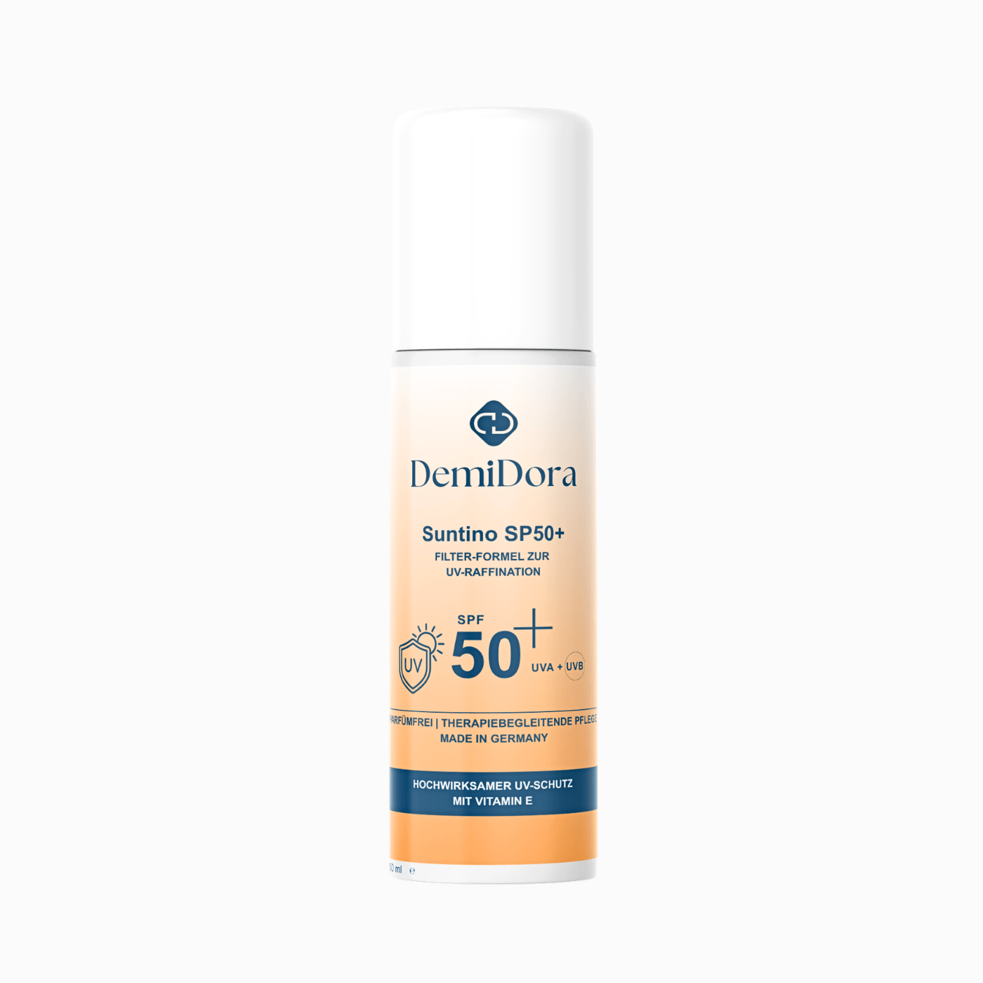 DemiDora Suntino SP50+ Flasche auf weißem Hintergrund mit orangefarbenen Akzenten. Die Verpackung zeigt das Logo, die Bezeichnung „Filter-Formel zur UV-Raffination“, ein großes „SPF 50+“-Icon für hohen UV-Schutz, den Hinweis „Made in Germany“ sowie den blauen Balken „Hochwirksamer UV-Schutz mit Vitamin E“.