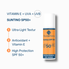 DemiDora Suntino SP50+ Produkt-Info-Card mit Flaschen-Mockup und den drei Hauptvorteilen: Ultra-Light Textur, Antioxidant + Vitamin E, High Protection SPF 50+. Oben stehen die Wirkstoffe Vitamin E, UVA und UVB.