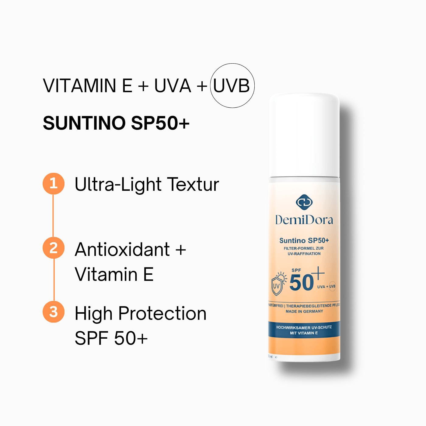 DemiDora Suntino SP50+ Produkt-Info-Card mit Flaschen-Mockup und den drei Hauptvorteilen: Ultra-Light Textur, Antioxidant + Vitamin E, High Protection SPF 50+. Oben stehen die Wirkstoffe Vitamin E, UVA und UVB.
